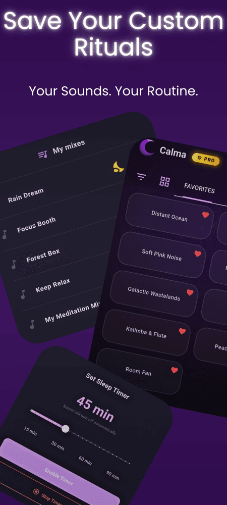 Calma sound mixer interface for creating custom white noise mixes